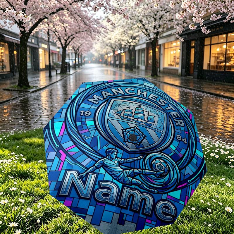 Custom Name Personalized Manchester City Print Umbrella, Auto Open Close, 8‑Rib Sturdy Frame, Commute Camping Hiking Use, Birthday Gift