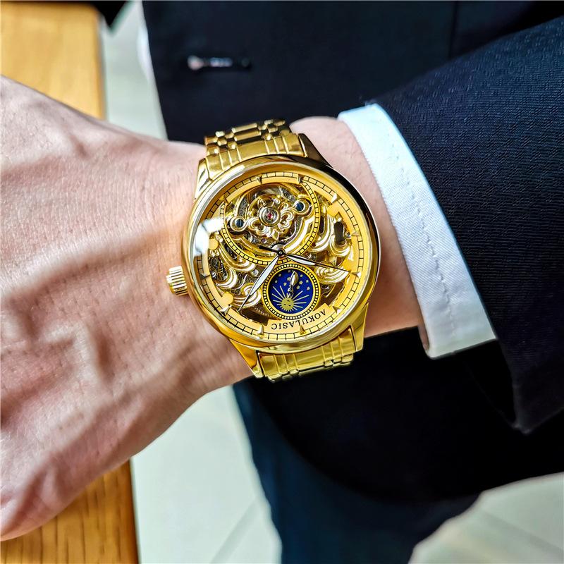 Gold Vintage Moon Phase Automatic Watch for Men Tourbillon Skeleton Luminous Hands Luxury Brand Mechanical Watches Steel Strap