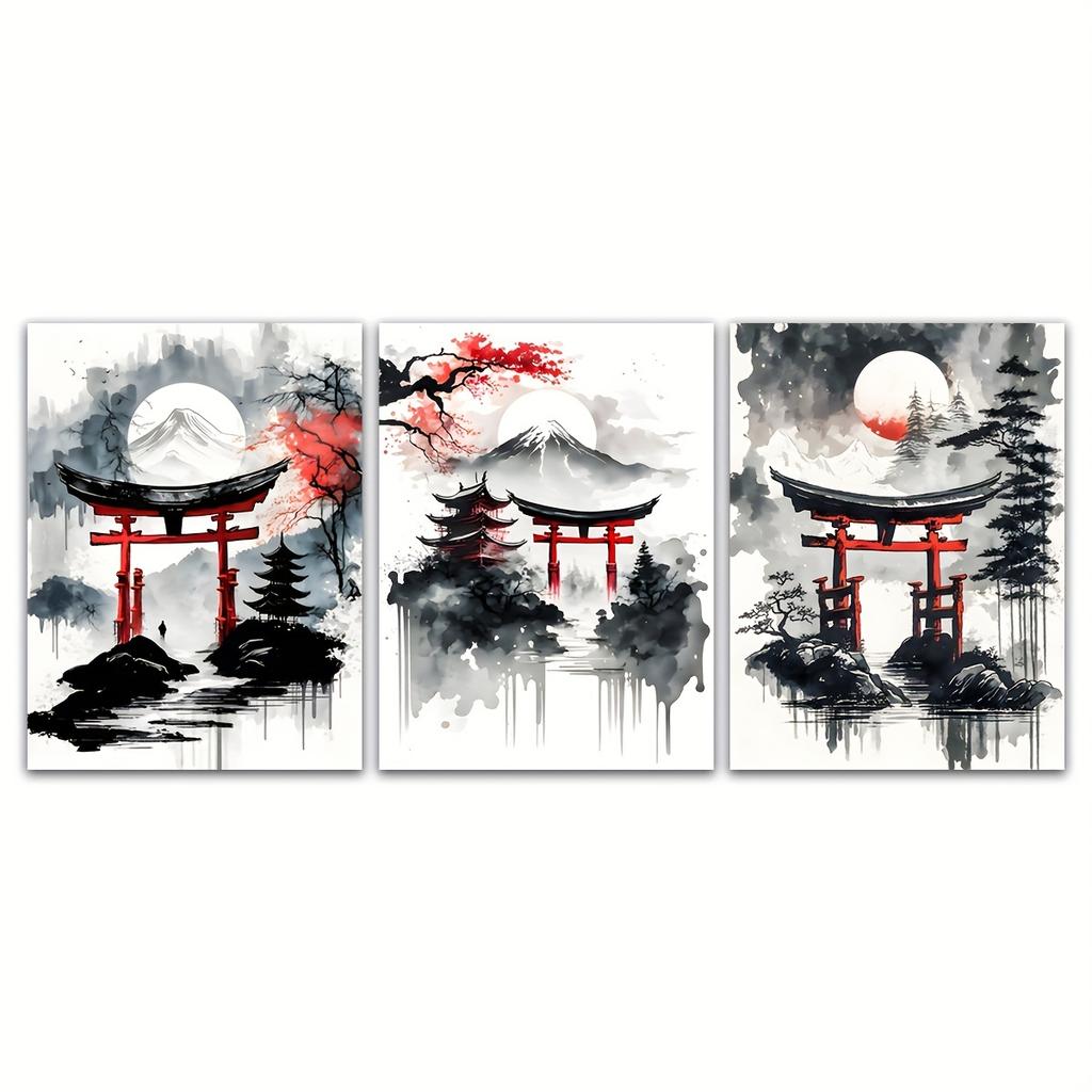Landscape Canvas Painting Black And Red Posters Vintage Ink Art Wall Prints For Living Room Home 3pcs Frameless Japanese Natural