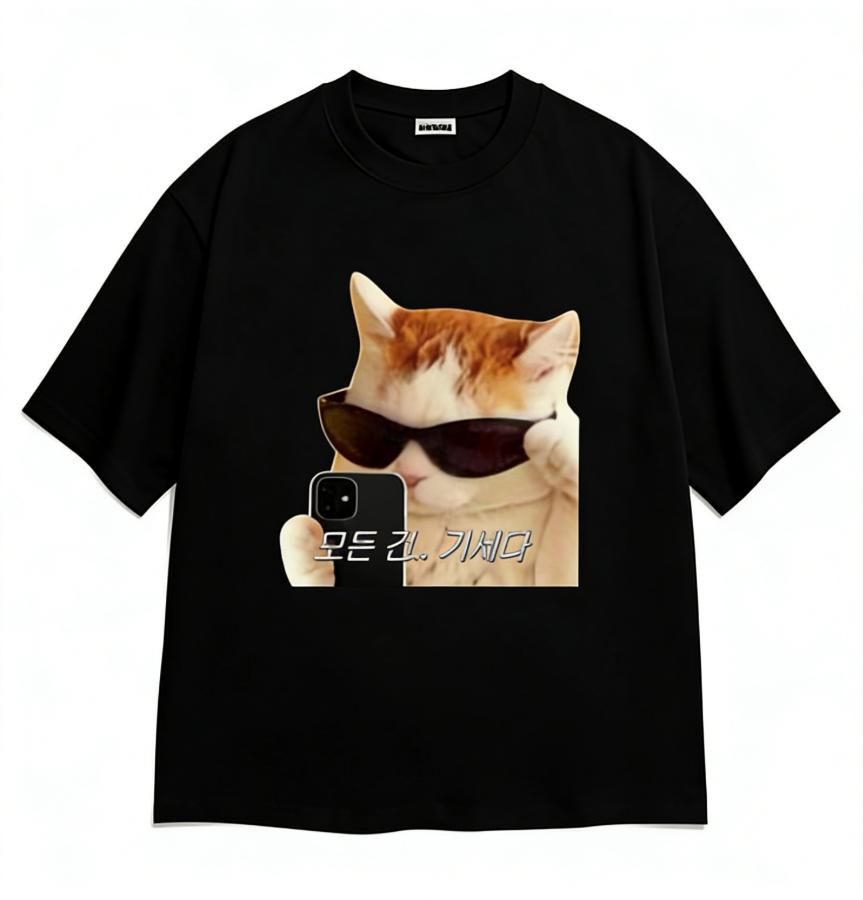 2026 Hot Sale Men Women Neutral Style Cool Cat Selfie T Shirt Korean Text Meme Print Short Sleeve O Neck Soft Washable Tops Funny Streetwear 4XL