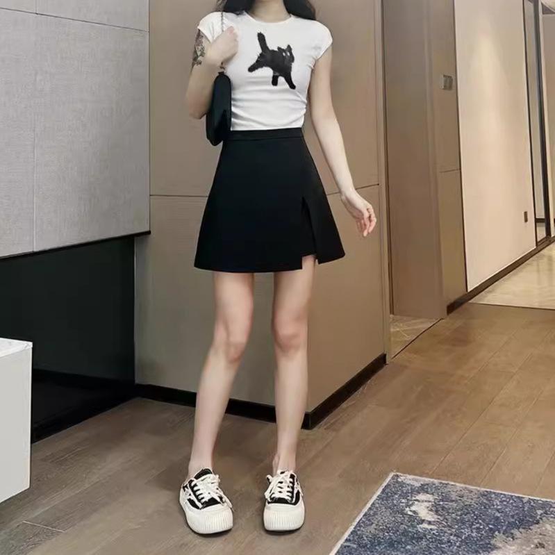 Kadınlar İçin 2024 Siyah Yüksek Bel A Kesim Etek Açık Bacak Yırtmaçlı