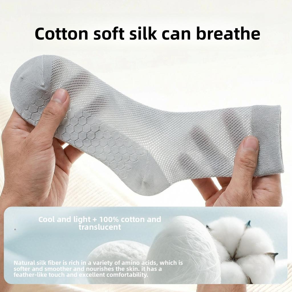 Summer Lightweight Mulberry Silk Socks for Men, Mid-calf Length Stockings, Mesh Cotton Socks, Sporty Anti-bacterial Mid-calf Long Stockings