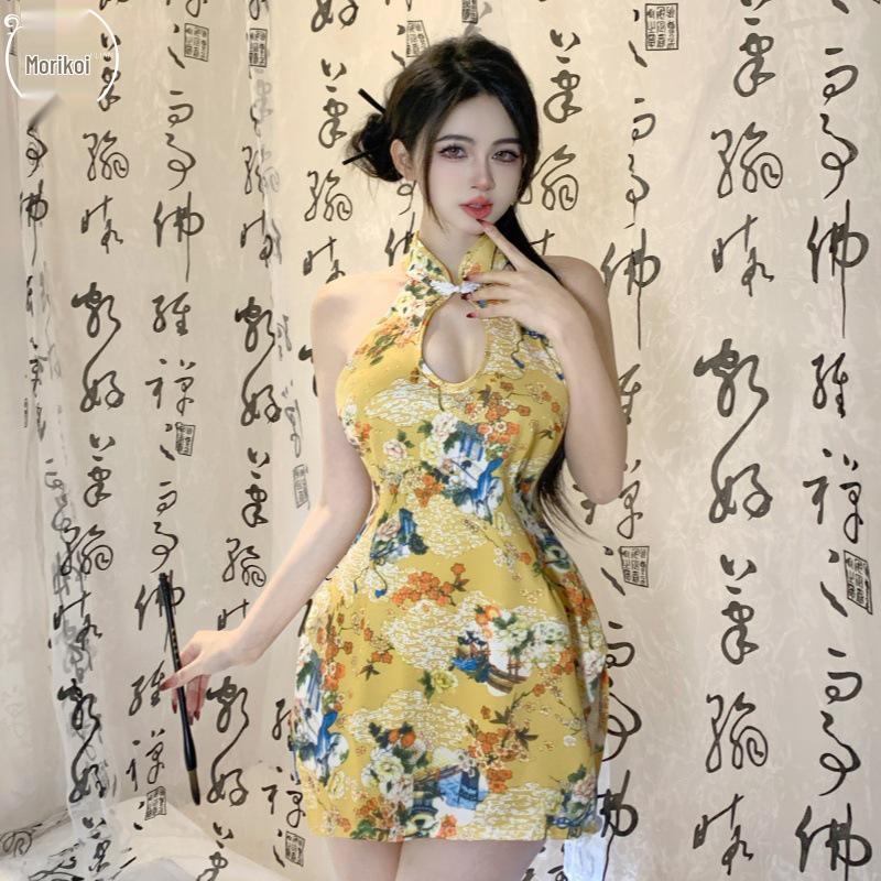 Mulan Retro Print Cheongsam Pajama Set - Sexy, Slim, High Slit, Bodycon Lingerie In Ancient Style