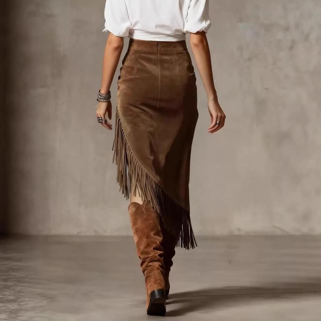 Retro Western European Suede Skirt with Irregular Design, Solid Color, 2026 Style