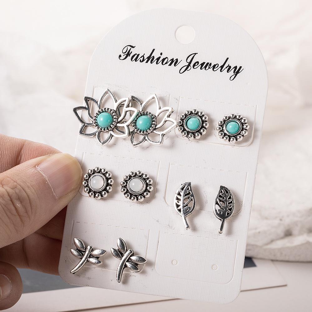 Retro Dragonfly Leaf Earrings Set: 5 Pairs with Micro-Inlaid Turquoise
