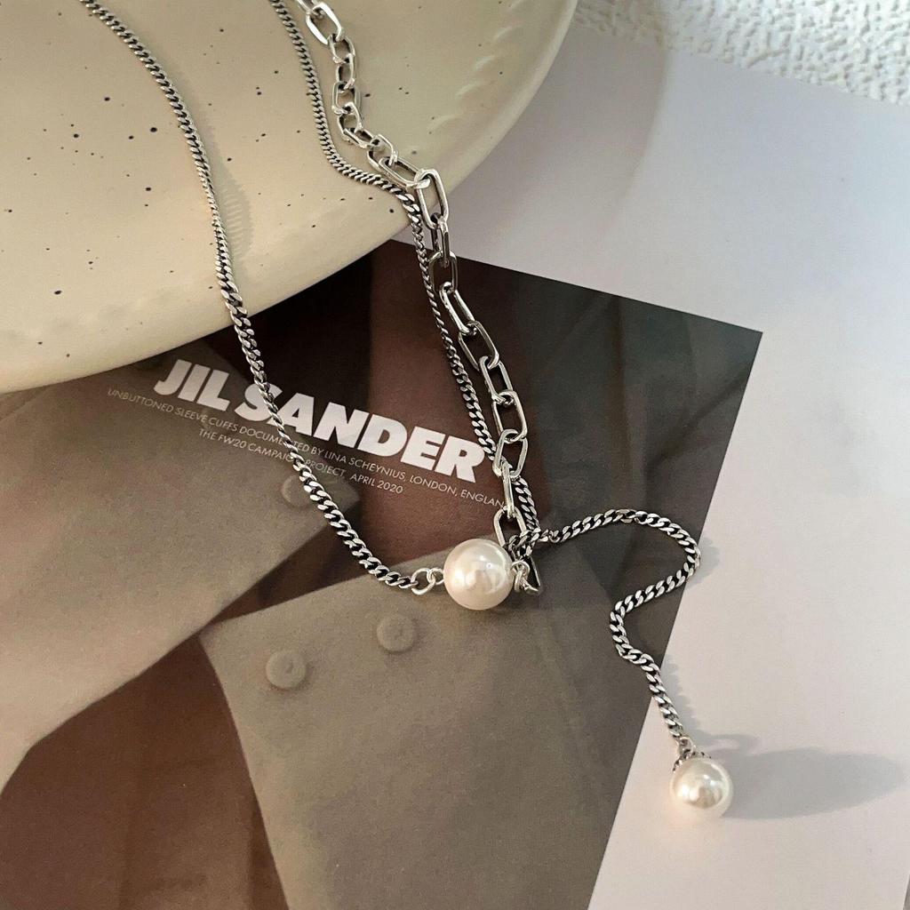 Yinruitai S925 Sterling Silver Pearl Double Layer Necklace for Women - Light Luxury Clavicle Chain, Trendy Niche Design.