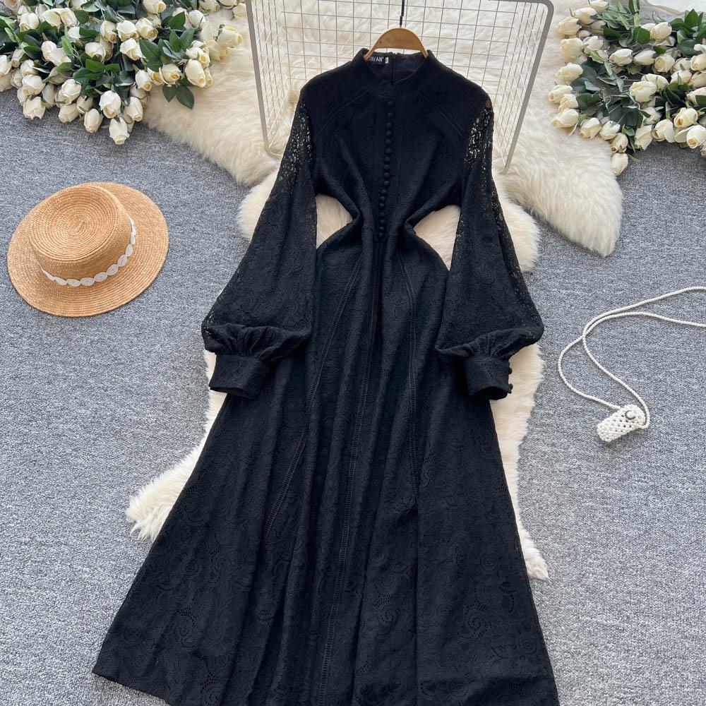 French Court Style Dress Women's Autumn High-end Single-breasted Waist and Thin Temperament Lace Long Dresses