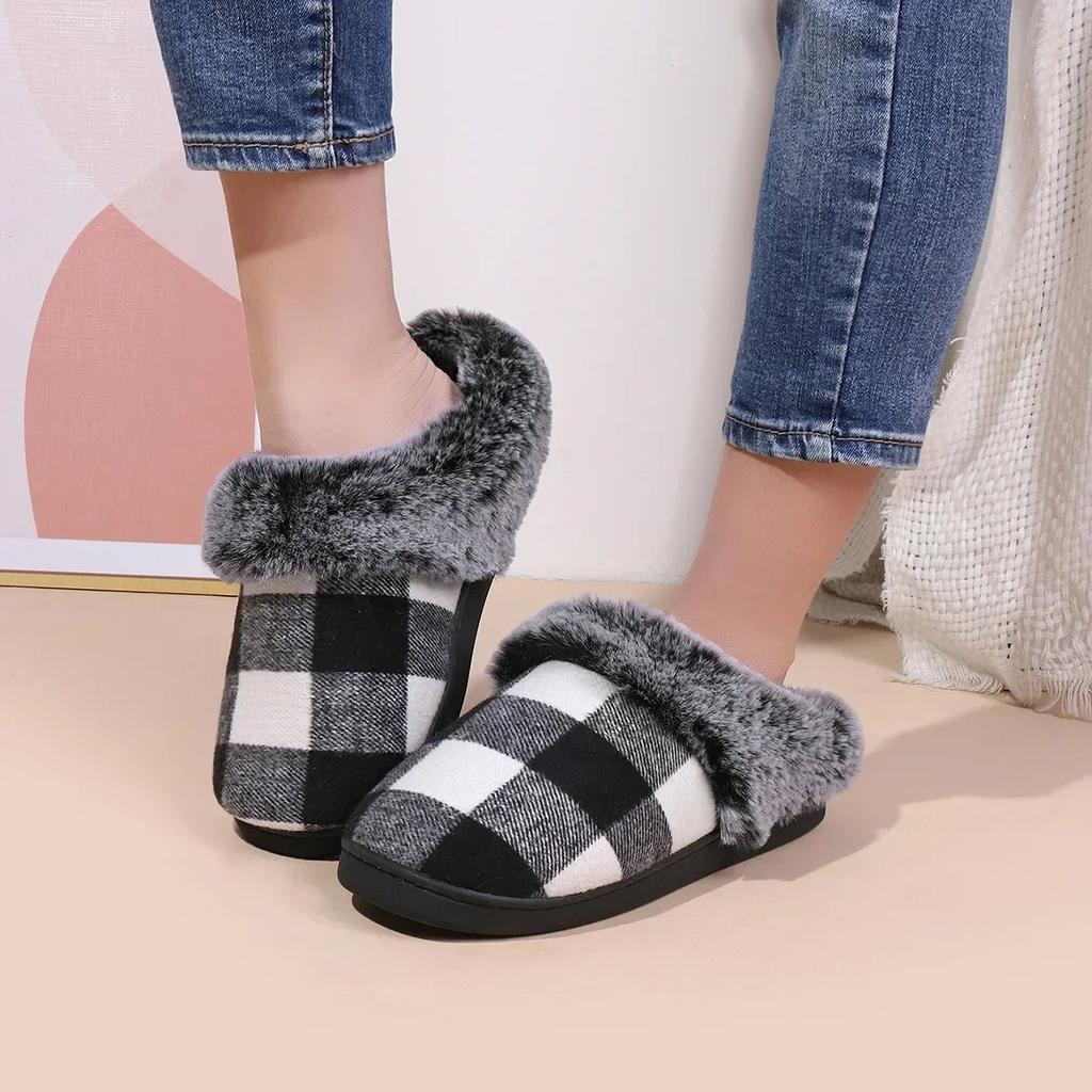 Women Cotton Slippers  New Plush Fluffy Slippers Indoor Home Floor Non-slip Warm Thick Soled Lattice Slippers Chanclas Mujer