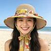 Flower Printed Straw Beach Cap Foldable Panama Hat New Flower Embroidery Hat  Women Summer
