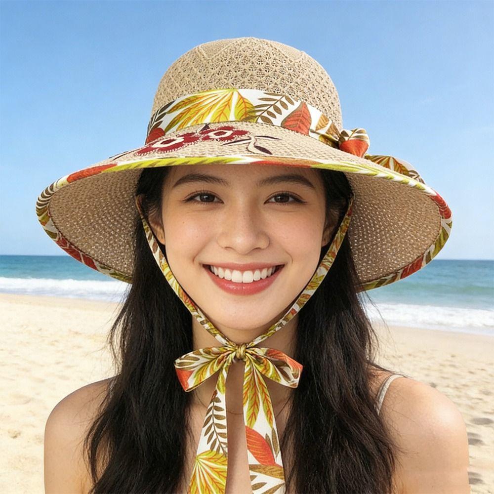 Flower Printed Straw Beach Cap Foldable Panama Hat New Flower Embroidery Hat Women Summer