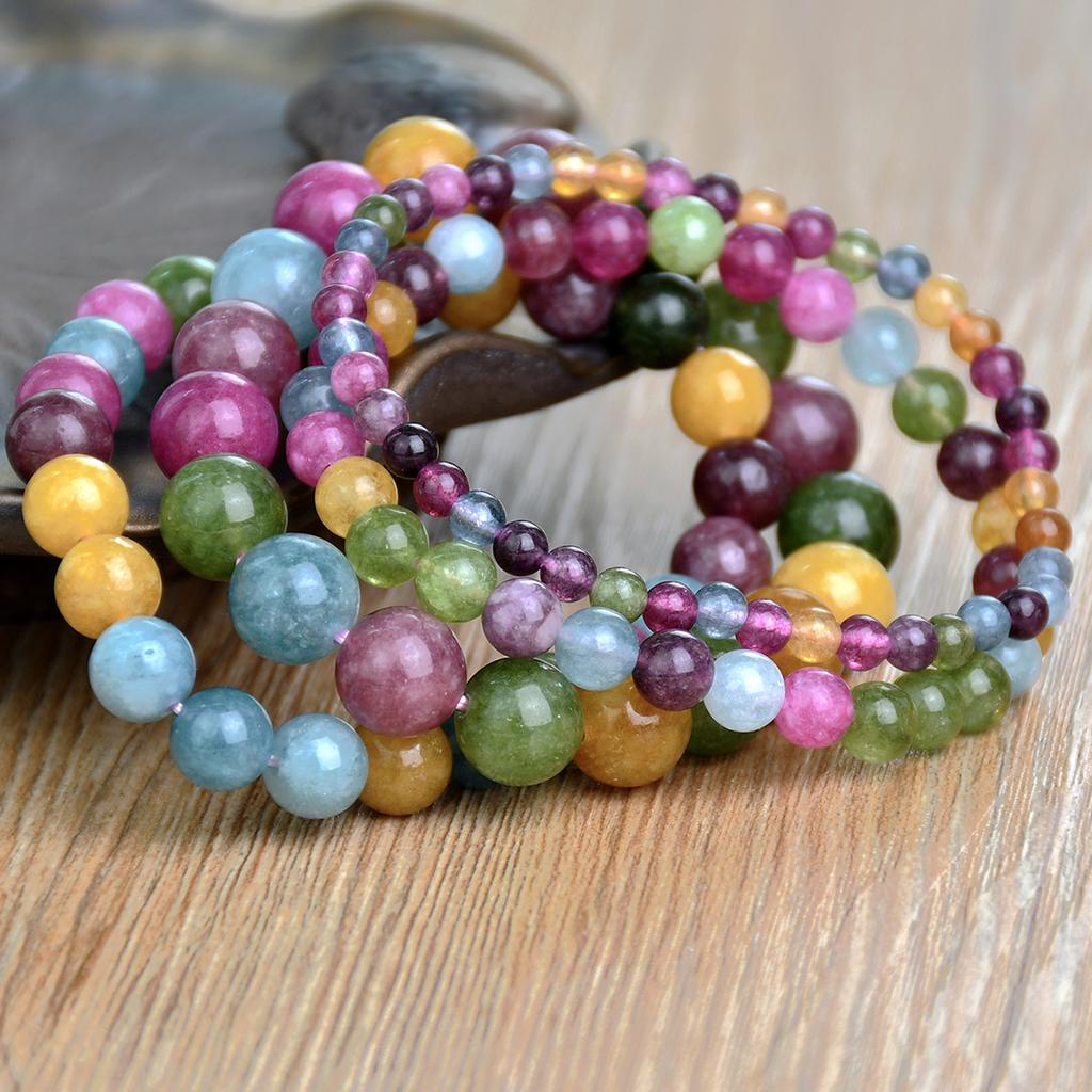 Bohemian Natural Stone Colorful Stone 4-10mm Elastic Bracelet Women's Sweet Trendy Vacation Handmade Zircon