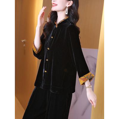 New Chinese Style Autumn Clothing Splicing Elegant Fashionable Gold Velvet Women's Foreign Ethnic Tops