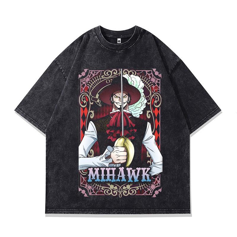 Heavy Cotton Japanese Cartoon Animation Direct Injection Printing Short-Sleeved T-Shirt Loose Washed Half-Sleeved T-Shirt Men