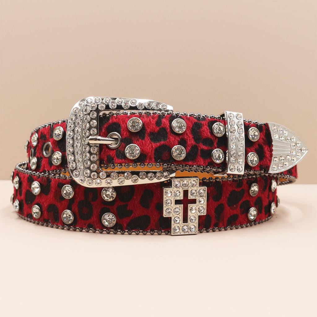 Cross Belt Leopard Print Western Rhinestone Belt Personalized Denim Woman Rivet Jeans Belt