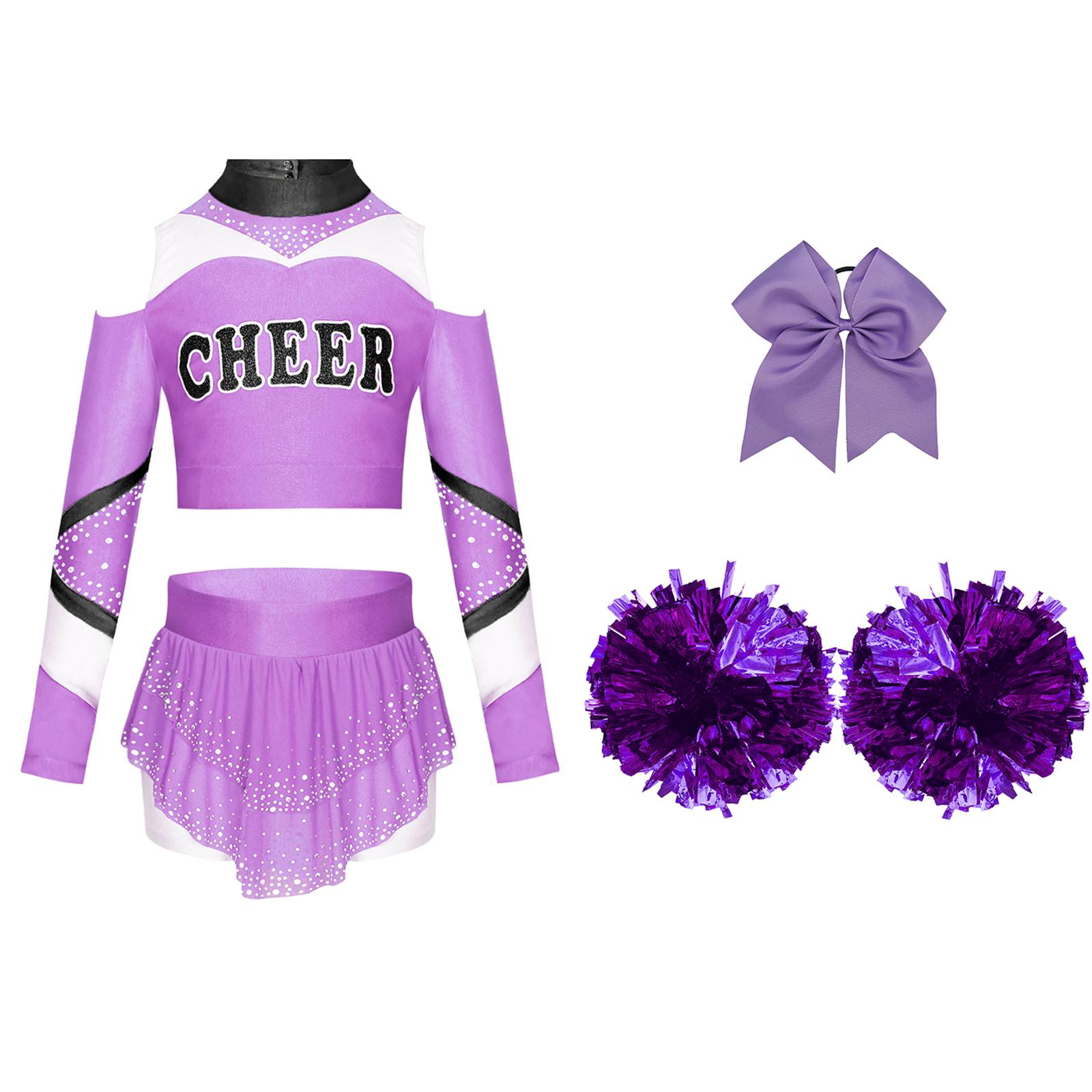 

Дівчачий чирлідинговий набір з відкритими плечима, з довгим рукавом, з вирізом на спині, кольоровий блок, принт з літерами, кроп-топ, спідниця з стразами, пов язка з бантом, помпони 15-16 Years