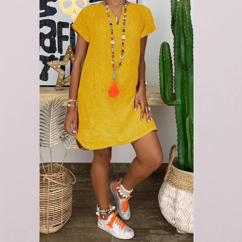 2025 Summer Solid Color V-Neck Cotton Linen Short Sleeve Dress for Women