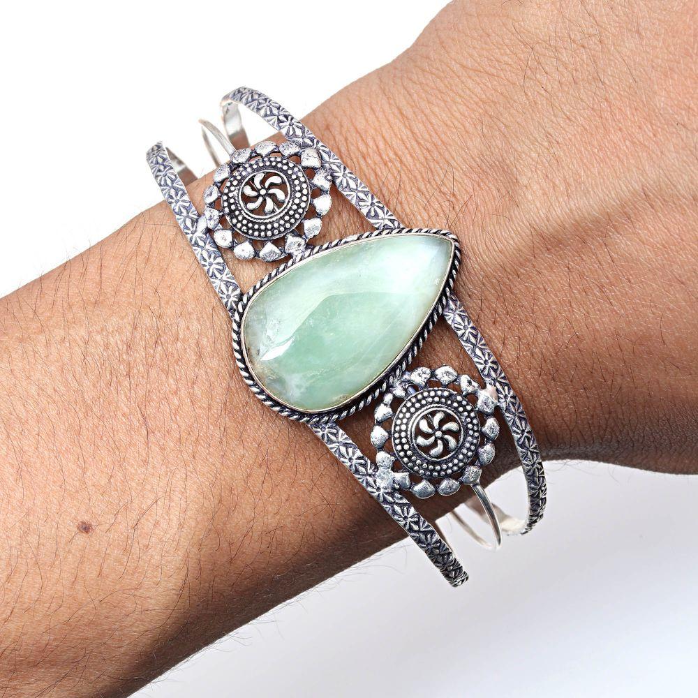 Bracelets manchettes en argent antique avec pierres précieuses chrysoprase 7'' réglables