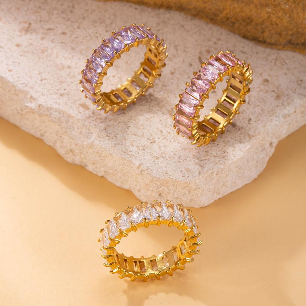 Titanium Steel Jewelry Korean Version Light Luxury 18k Gold Plated Index Finger Ring Square Color Diamond Stainless Steel Ring Factory