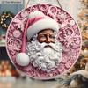 Pink Christmas Wooden Sign with Black Santa Claus Pattern - Navidad Round Sign for Door Wall Hanging Decor - Ideal Christmas Decoration