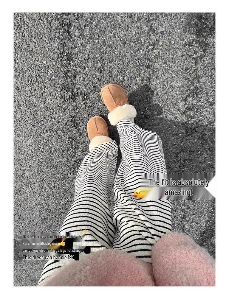 2025 Women's High-Waisted Fleece-Lined Wide-Leg Striped Pants for Autumn/Winter