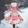 Women's Casual Dress Long-Sleeve V-Neck Patchwork Fleece Christmas Print Dress