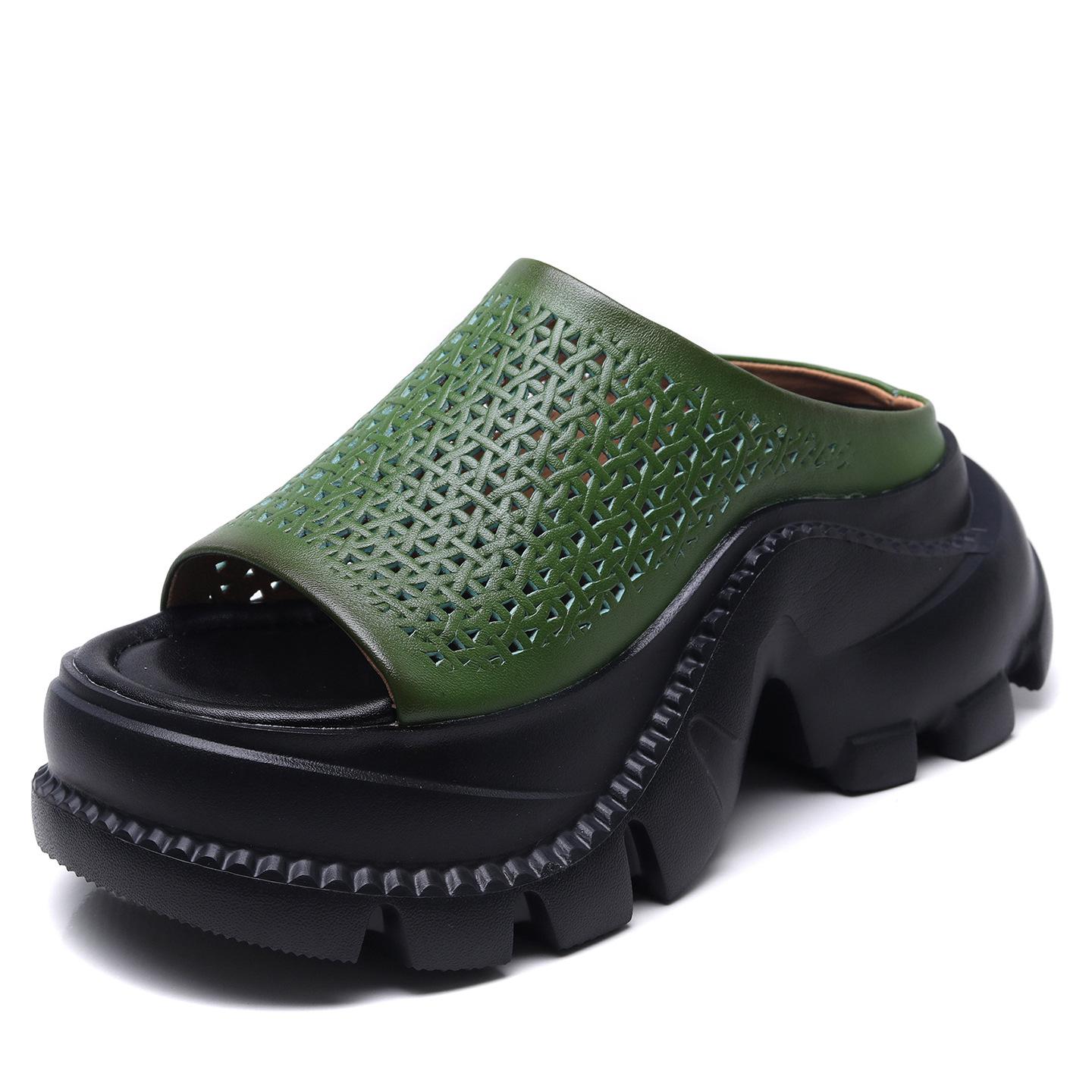 

Johnature Натуральная кожа Толстая подошва Клинья Шлепанцы Коровья кожа Перфорированные Высокие каблуки Женская обувь 38 зелёный