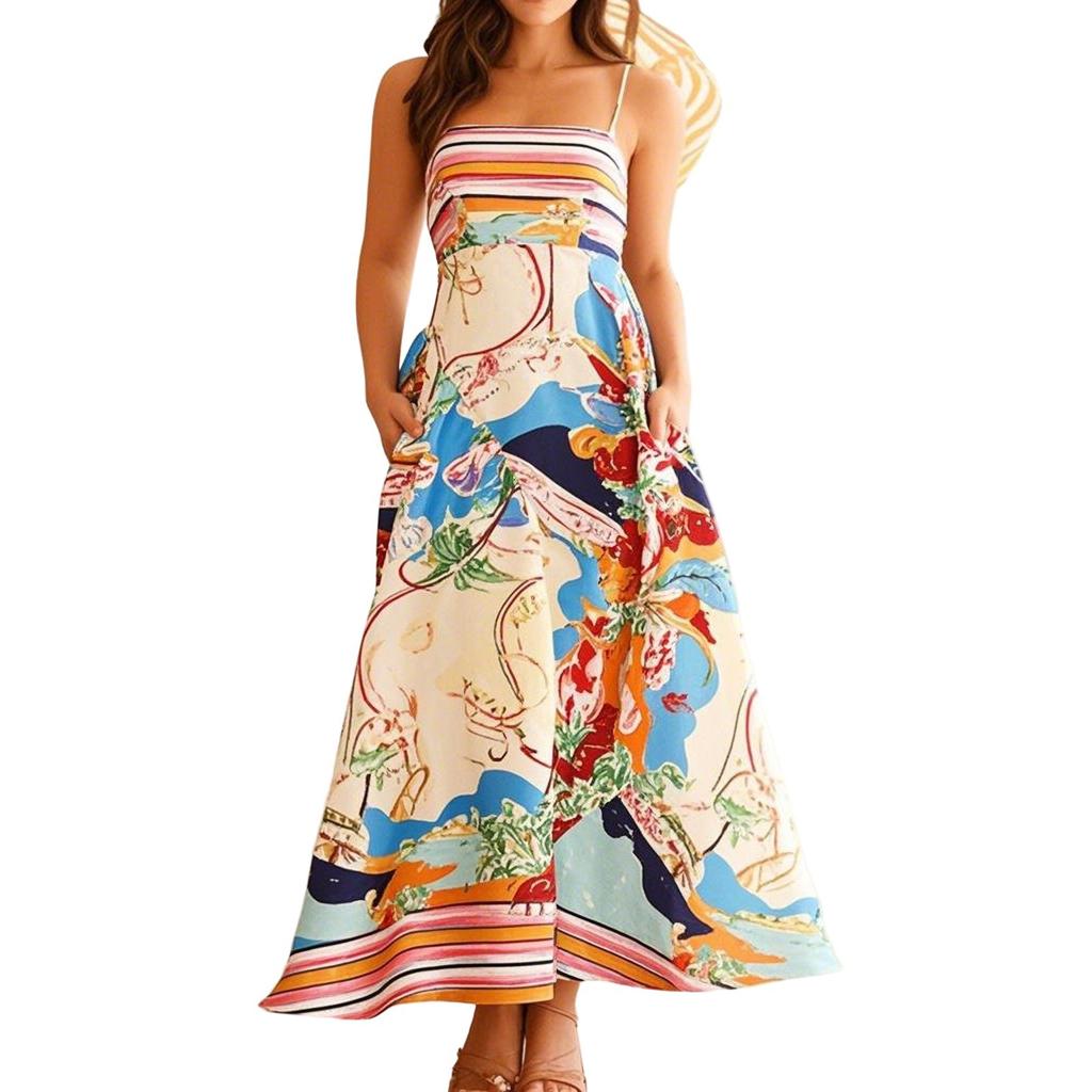 Women's Floral Print Elastic Back Strap Dress Vacation Style Sleeveless Maxi Dress with Pockets Lightweight Summer Dress for Casual Wear