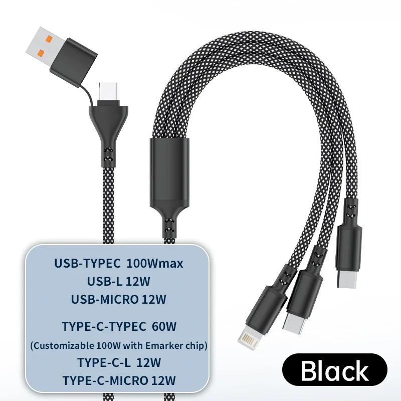 100W 3-in-1 Charging Data Cable Type-C Micro USB Dual Port Cord Fast Charge for USB Powered Devices Durable Sync Charger Line