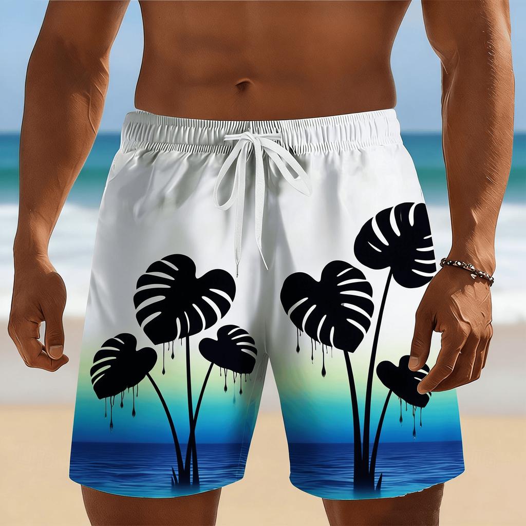 Men's White Fern Wave Print Drawstring Shorts, Spring Summer Fresh Nature Casual Shorts, Pocket Beach Shorts