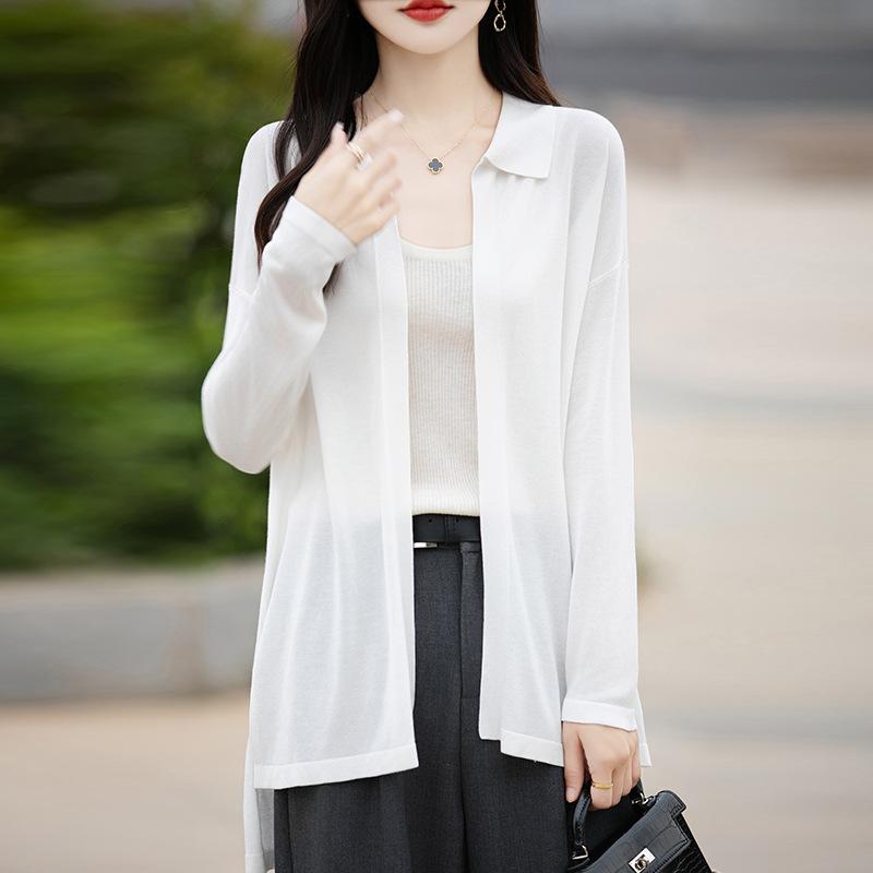 

16-контактный кардиган-шаль средней длины на лацкане, ультратонкий вязаный кардиган свободного большого размера для женщин на начало осени XL белый