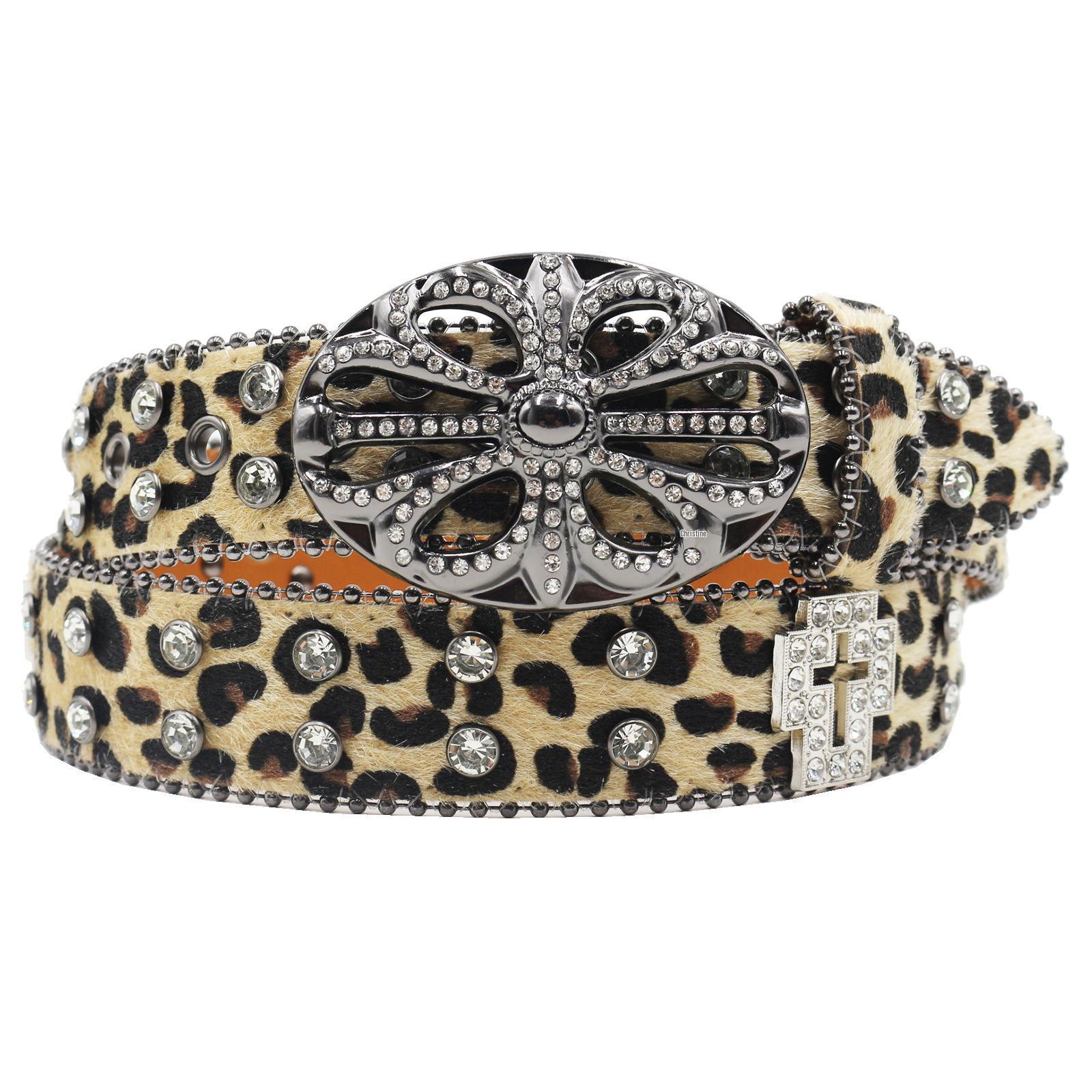 Global Finds Y2K Retro Luipaardprint Strass Lederen Riem - Millennial Stijl Jeans Accessoire 105cm