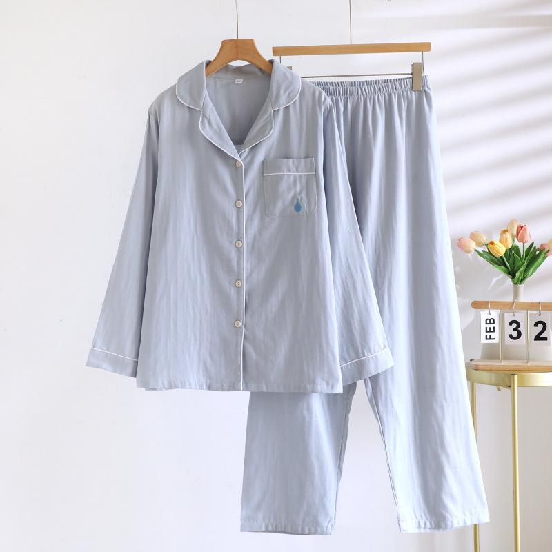 Women's Pure Cotton Gauze Pajamas - Long Sleeve, Double Layer, Thin, Casual Cardigan, Solid Color, Spring & Autumn Home Wear