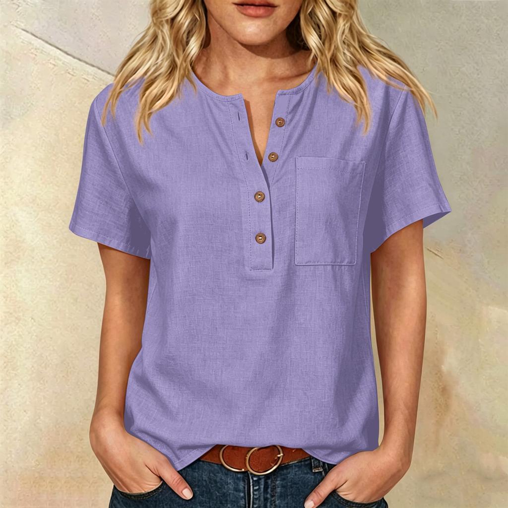 Women Henley Button Neck Short Sleeve Cotton Linen Shirt with Chest Pocket Loose Fit Casual Top for Daily Office Wear