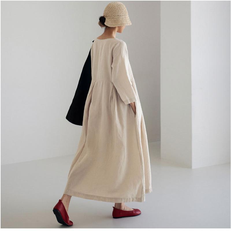 New Women's Plus Size Cotton Linen Dress, Loose Fit Round Neck Long Sleeve Knee-Length Pullover, Japanese Korean Forest Girl Style Casual Summer Dress