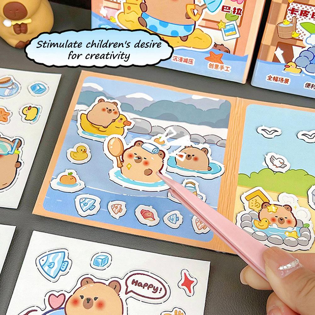 Capibara Theme DIY Sensory Quiet Book for Girls No-Cut Busy Book Fine Motor Skills Toy Reusable Sticker Squeeze Sensory Bean Bag Book for Kids
