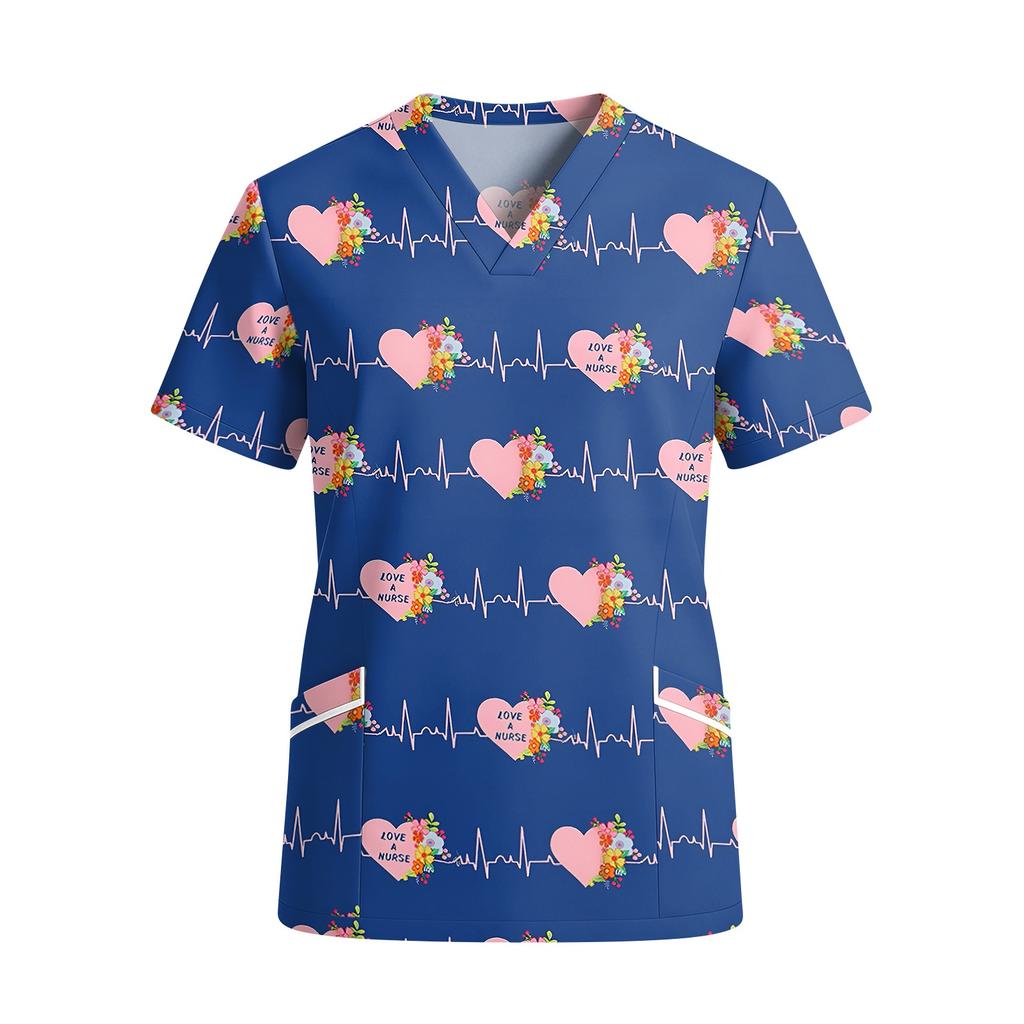 Women V Neck Short Sleeve Printed Scrub Top with Pockets for Work Uniforms Nursing Healthcare