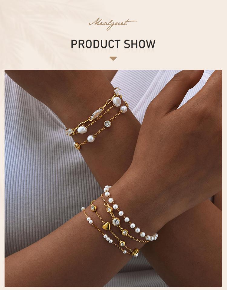 Pearl With Zirconia Beaded Bracelets for Women, Link Chain Bracelet,18k Gold Plated Stack Adjustable Jewelry