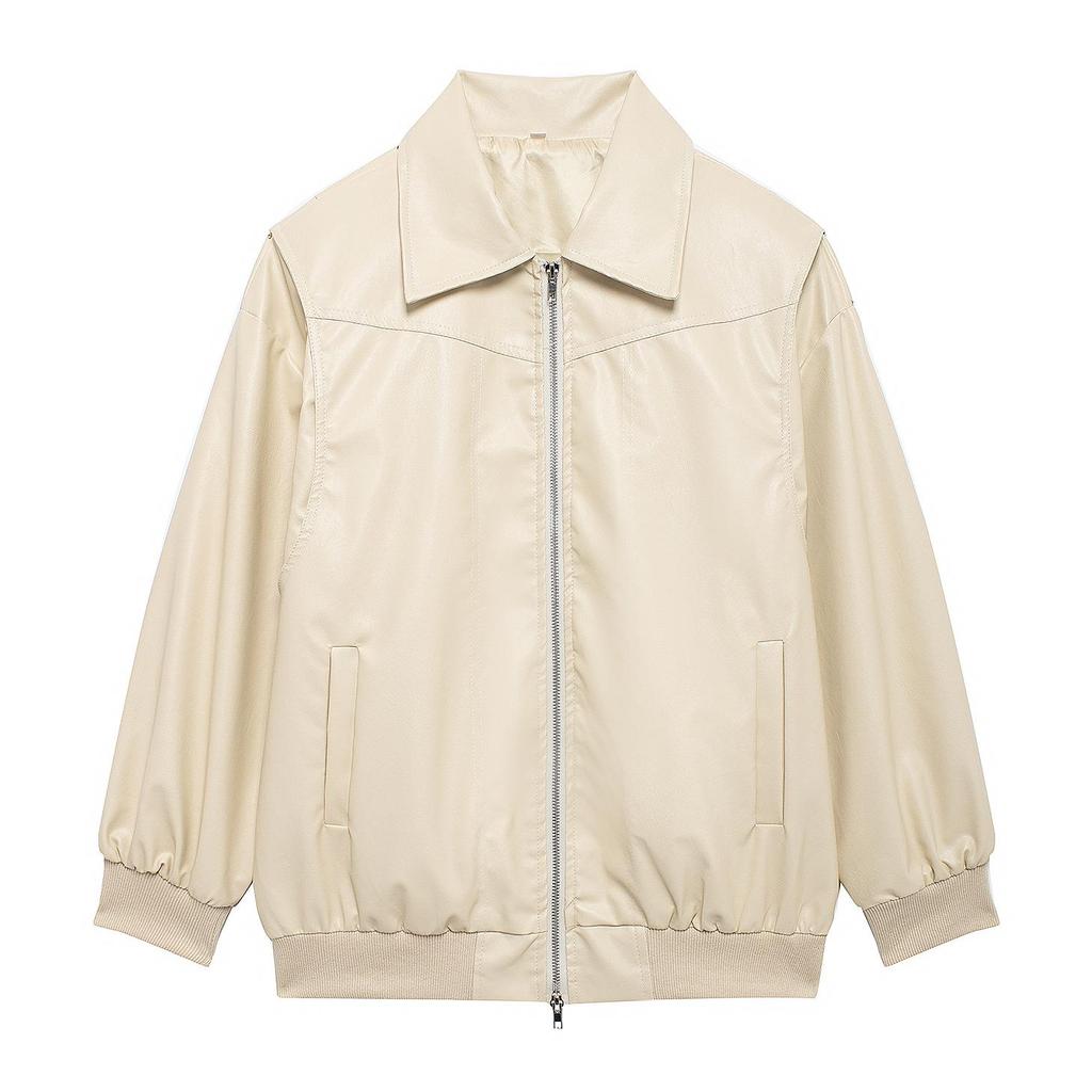 Giacche Vintage a Manica Lunga con Revers a Punto Contrasto Donna Ampie Monocolore Zip Giacca in Pelle PU Femminile Autunno High Streetwear