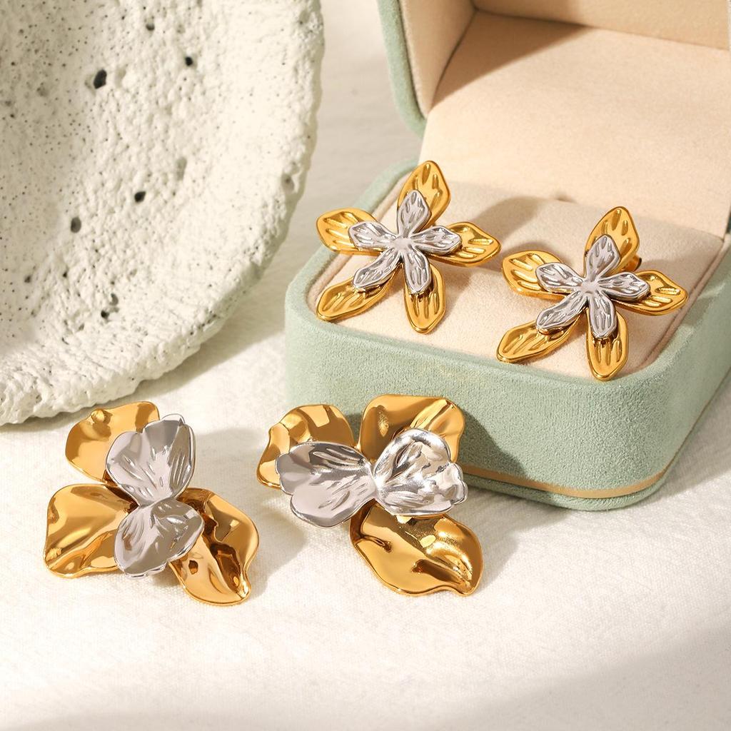 Evropské a americké přeshraniční barevné náušnice z titanové oceli s květinovým vzorem - Luxusní nerezavějící design listu z nerezové oceli pro ženy