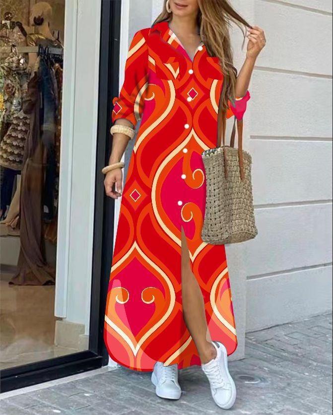 Fashion Long Sleeve Print Women Loose Fit Casual Maxi Dress