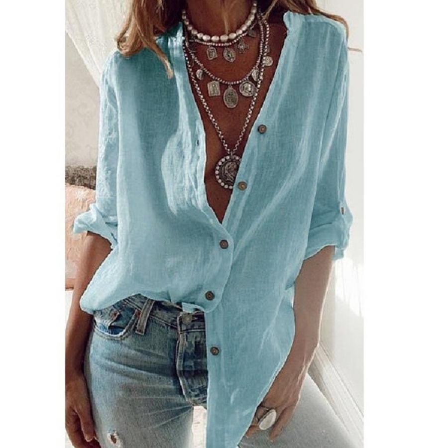 Roll Up Long Sleeve Shirts Women Breathable Soft Blouses Cotton Office Stand Collar Button Up Loose Tops