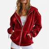 Women Jacket Solid Color Velvet Loose Fit Hooded Sweatshirt Long Sleeve Casual Outerwear Grey Navy Burgundy Zip Up Jacket