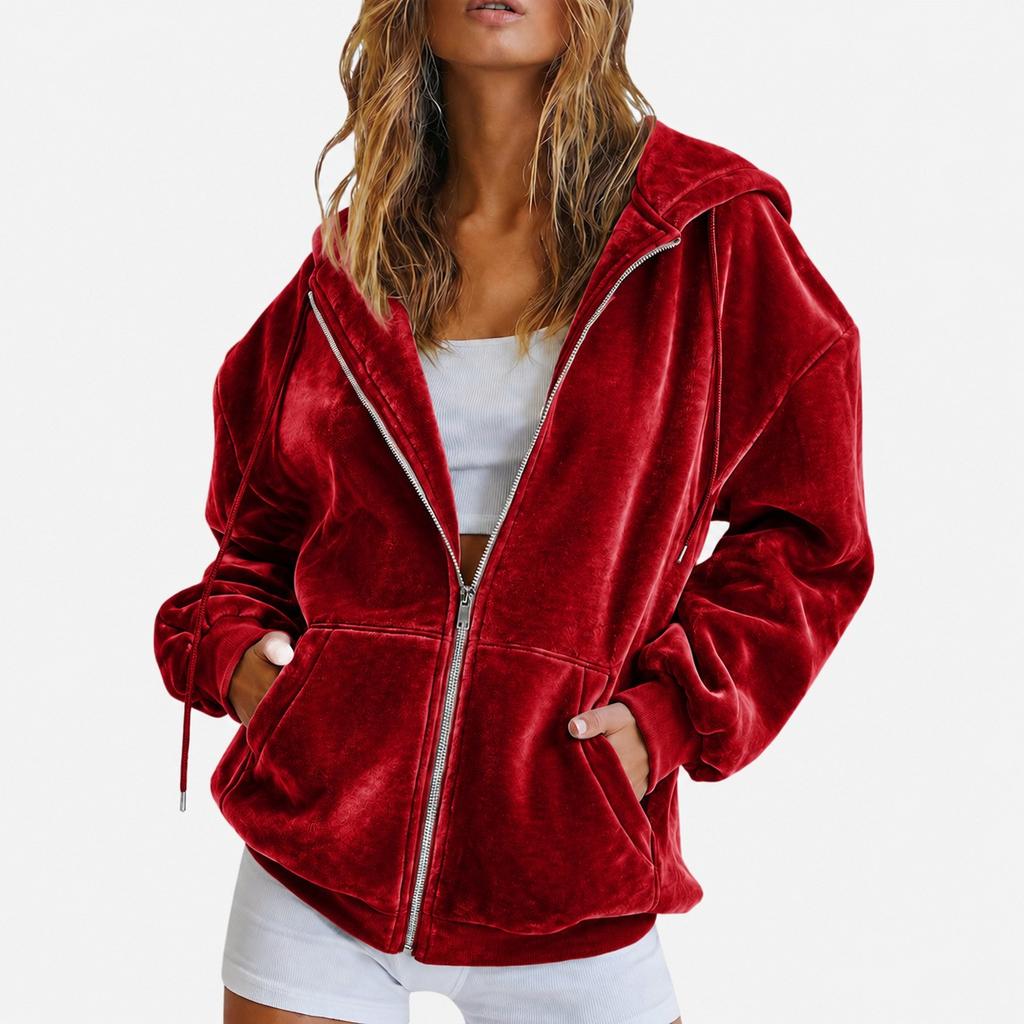 Women Jacket Solid Color Velvet Loose Fit Hooded Sweatshirt Long Sleeve Casual Outerwear Grey Navy Burgundy Zip Up Jacket