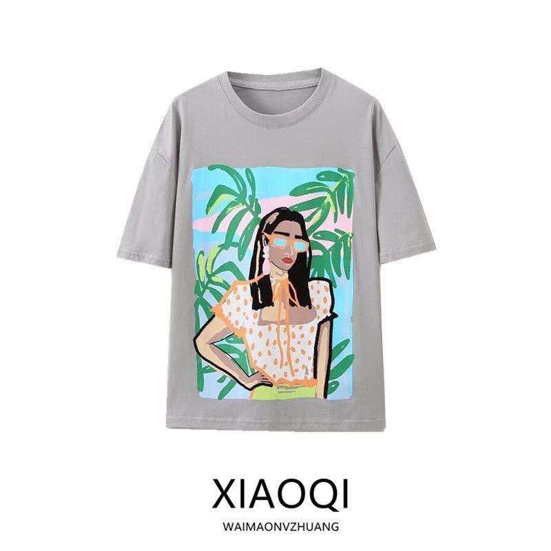 Fashion Style 2024 Autumn New Women's Cotton Plaid Fashion Print Washing Effect T-shirt 1300812