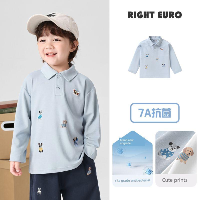 Right European Style Boys' Cartoon Puppy Long-Sleeve Polo Shirt, New Autumn Children's Clothing Top, Kids' Toddler Autumn Trendy Style