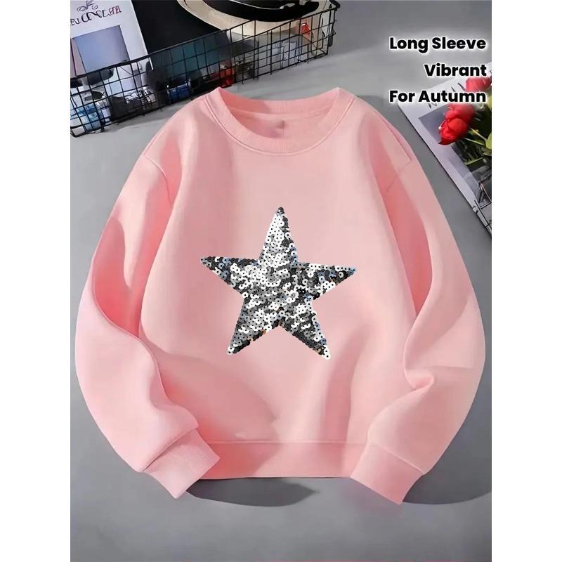 European sizes Kids' Crewneck Sweatshirt - Star Sequin Pattern Print Design , Sportswear And Casual Wear, Soft And Comfortable, Children's Clothing