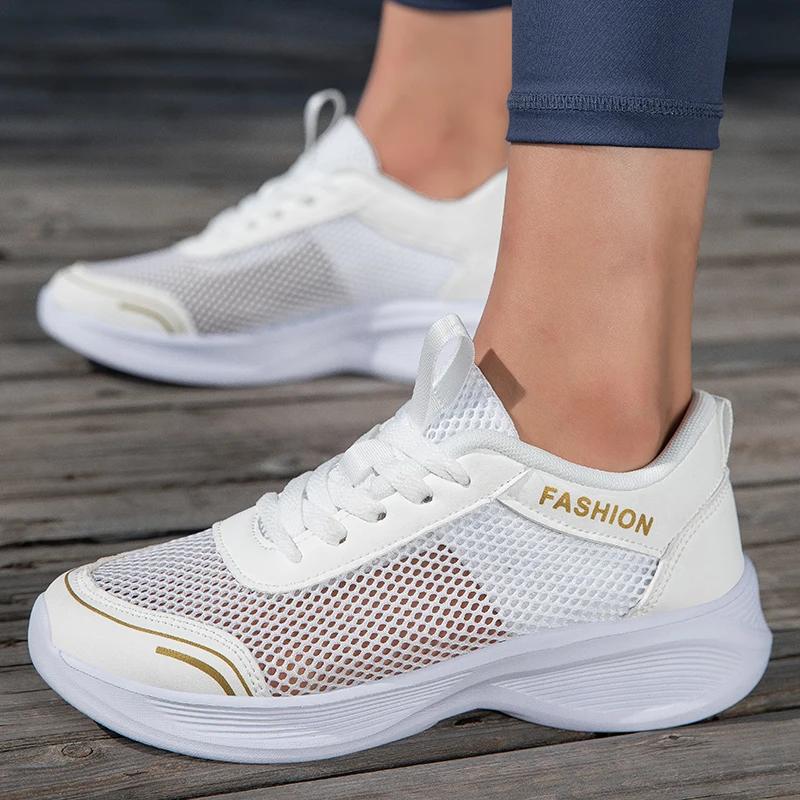 Women Mesh Flat Shoes Autumn New Fashion Tennis Women Thick Soled Lace Up Casual Breathable White Black Sneakers