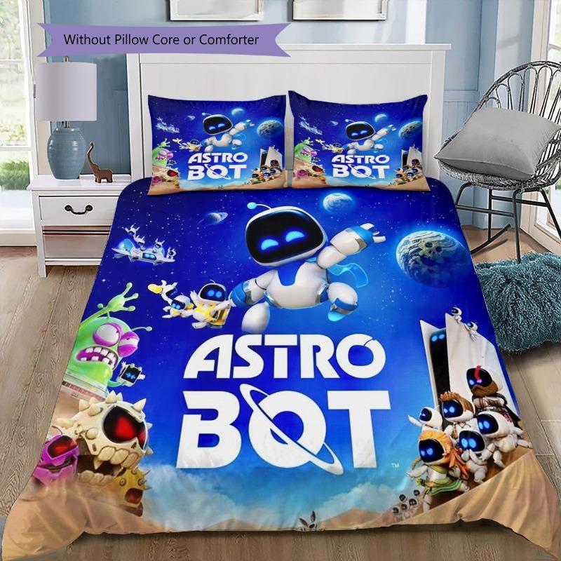 Astro Bot 3Pcs Bedding Set, Duvet Cover with 2 Pillowcases, Space Alien Robot Print Bed Linen, No Comforter No Pillow Core