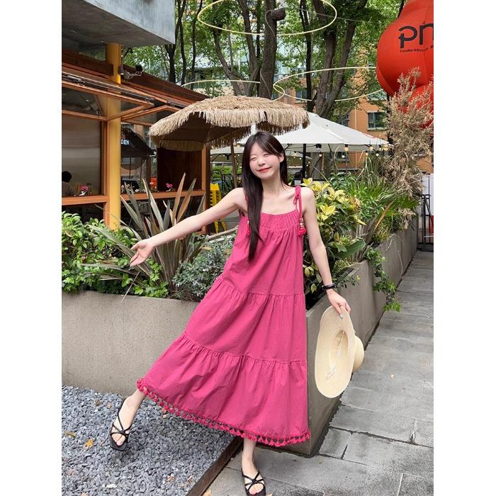 

Summer new women s clothing vacation dragon fruit color fringed strap dress temperament pendulum long skirt S