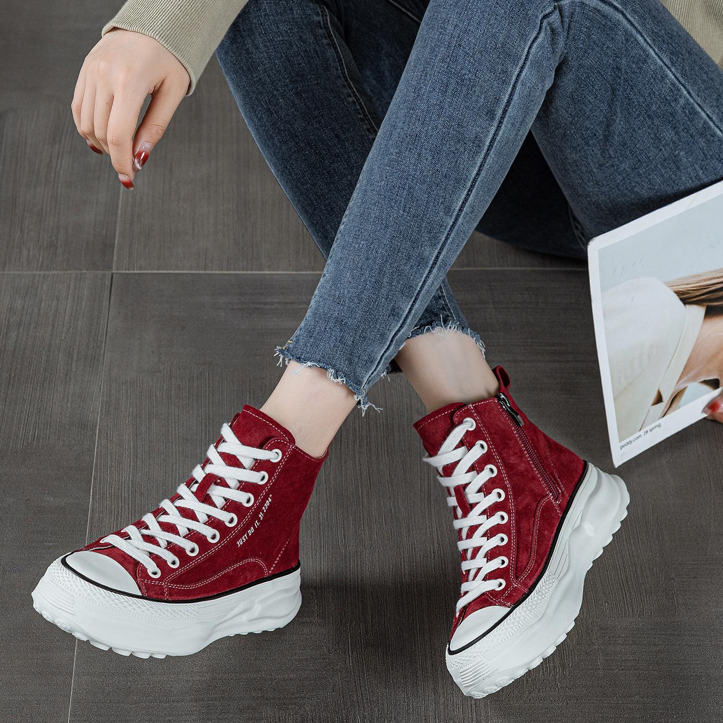 

Pigskin high-top board shoes autumn new leather angora red heightening lightweight platform cotton shoes 35